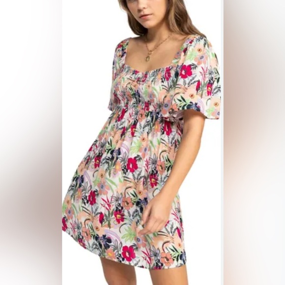 Roxy Dress Size S Floral Smocked Backless Mini Boho Festival Beach Viscose - Picture 1 of 10